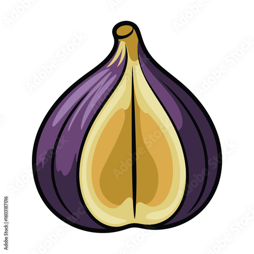 Freshly cut purple fig with visible seeds and pulp