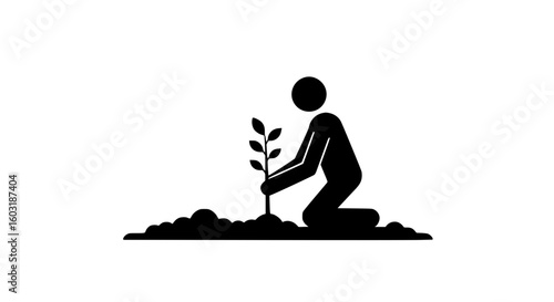 A person planting plant white and black icon minimalist in a white background