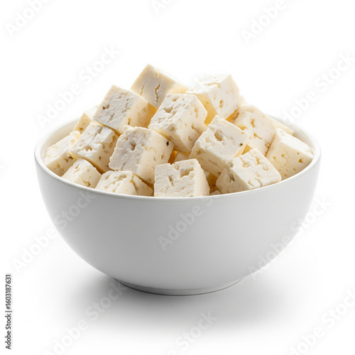 A bowl of feta cheese cubes isolated on white