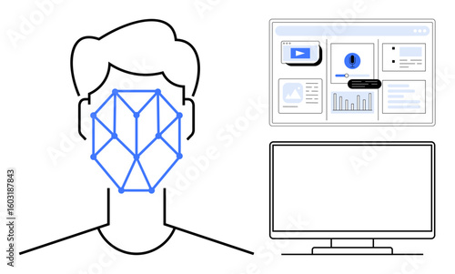 Face with recognition pattern, digital interface for data, and computer screen. Ideal for identity authentication, AI technology, security, data analysis, biometrics, privacy concepts simple flat