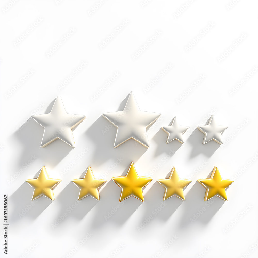 Fototapeta premium Star rating, 3D illustration, glossy plastic material, soft shadows, white background. Generative AI
