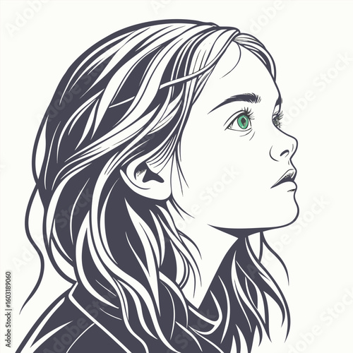 Stylish vector illustration of a woman's face with long black hair, capturing her beauty and fashion sense through artistic lines and a glamorous silhouette