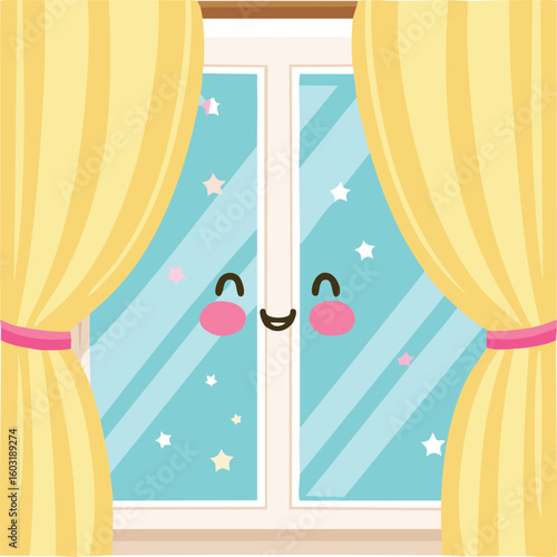 Window with smiling curtains in kawaii-style vector illustration