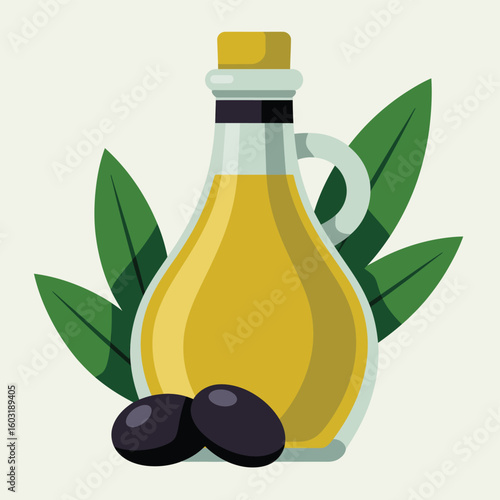 Glass bottle of golden olive oil with olives and leaves
