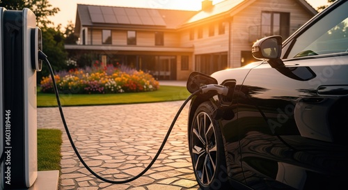 Black electric car charging at white pedestal charger, sunlit rooftop solar panels and vibrant flowerbed in front of two-story home