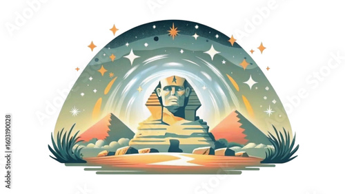 Sphinx and pyramids in cosmic landscape with starry night sky  