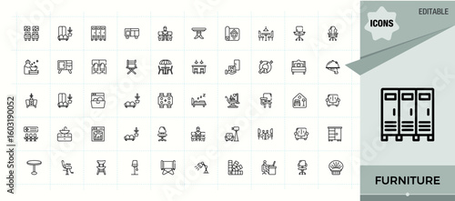 Set of Furniture line icon. It contains symbols to bathroom, lounge, living, room, sofa and more. Minimal icons pack. Bedroom icon set. Editable stroke vector art.