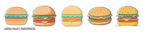 Juicy Burger Variants – Fast Food Icon Set in Cartoon Style

