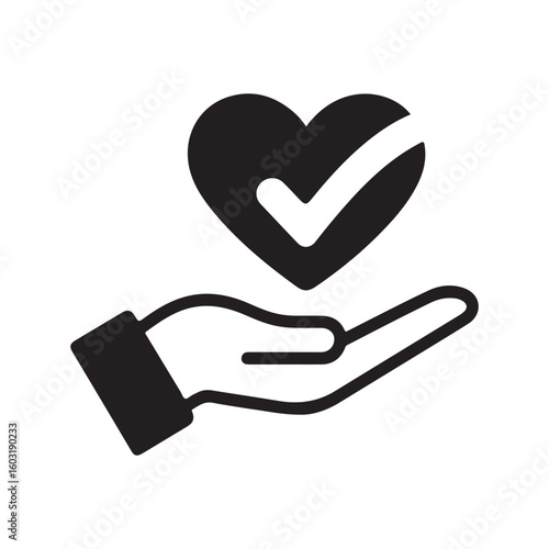 Black heart with checkmark on open hand icon tick symbol