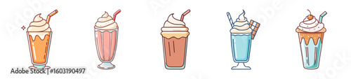 Creamy Milkshakes with Whipped Topping – Cartoon Style Set