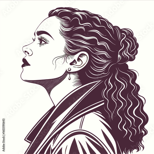 Fashionable illustration of a woman with long hair, highlighting her artistic beauty and elegant profile