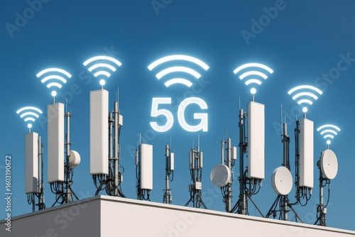 5G communication antennas on a rooftop against a clear blue sky.