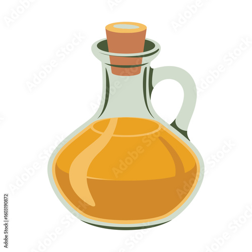 Glass bottle with handle filled with golden oil and cork stopper