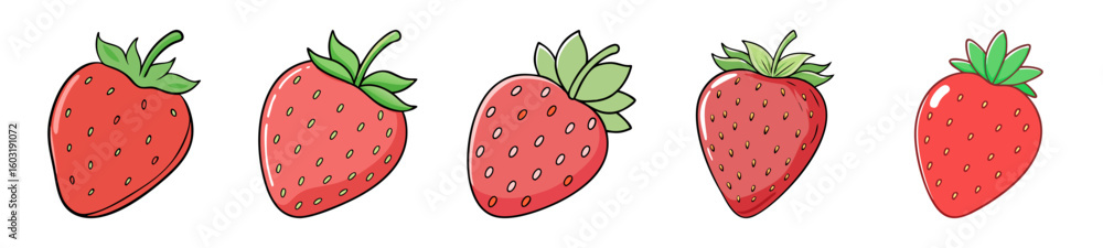 Obraz premium Hand-Drawn Vector Collection of Ripe Red Strawberries with Green Leaves
