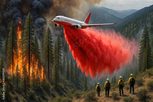 An airplane drops red fire retardant over a forest fire as firefighters observe from below.