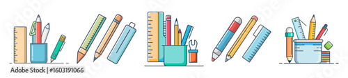Creative Set of Cartoon Stationery Icons for Office and School Use

