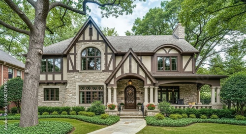 Charming tudor style stone house with manicured lawn and mature trees