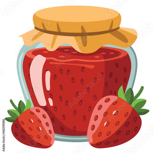 Jar of strawberry jam with fresh strawberries