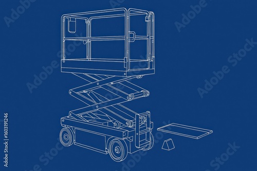 Blueprint illustration of a scissor lift with components on a blue background.