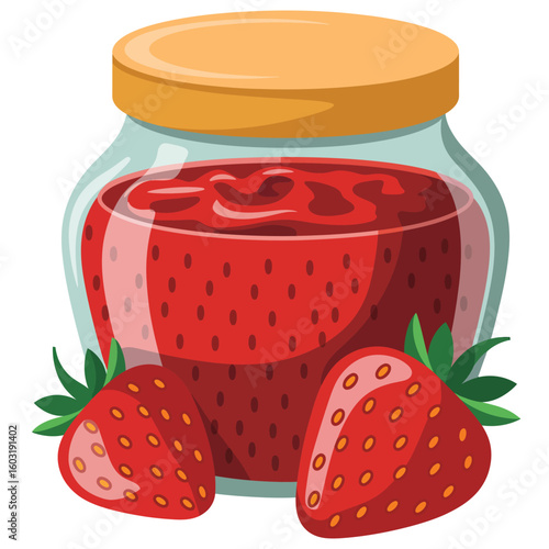 Delicious strawberry jam in a glass jar with fresh strawberries