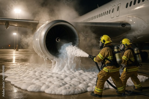 Firefighters applying foam to an aircraft engine during an emergency response operation.