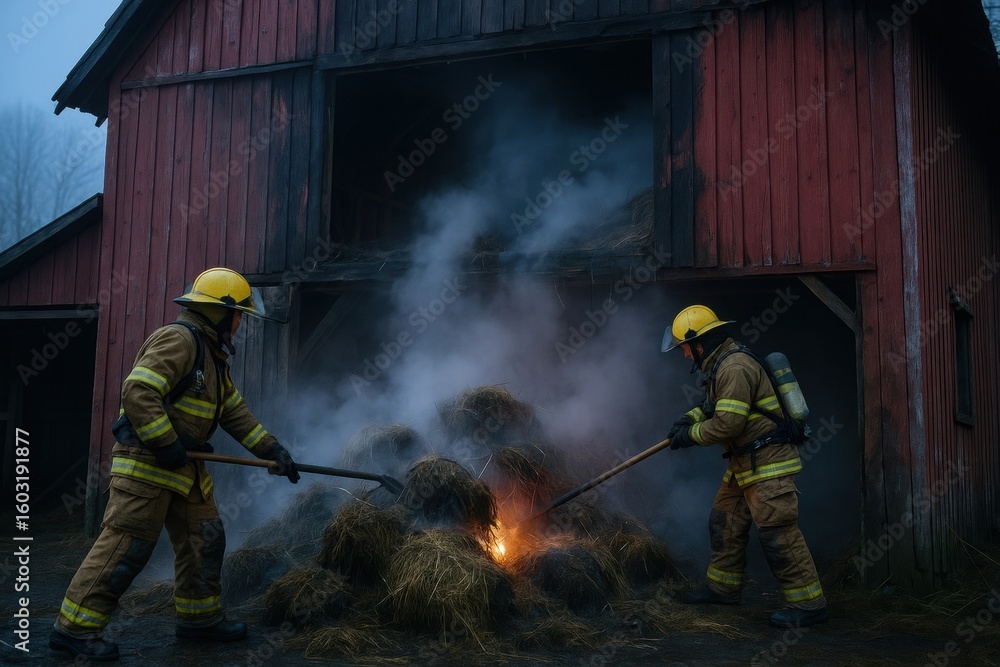 Naklejka premium Firefighters extinguishing a fire in a barn filled with hay bales, surrounded by smoke.