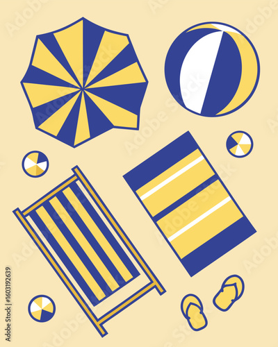 Summer beach day illustration featuring a beach umbrella beach ball beach chair towel and flip flops on a sand colored background