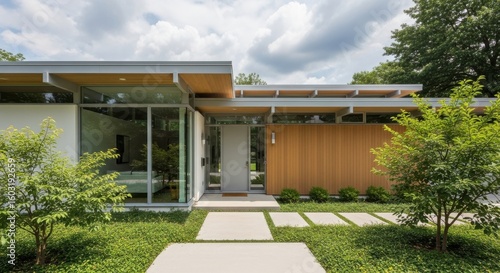 Modern mid century style home with large windows and natural wood accents