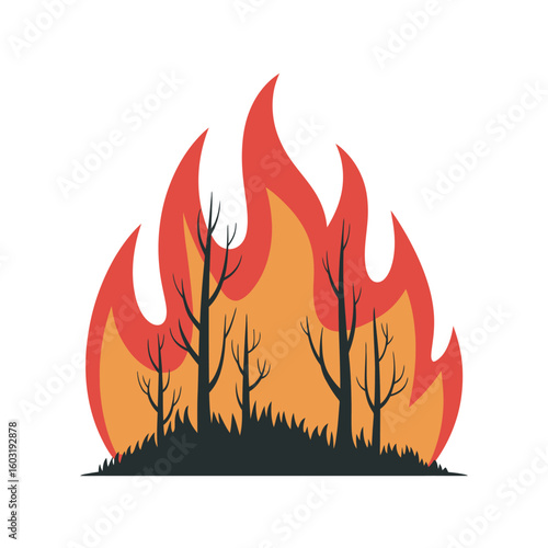 Forest fire with silhouette of bare trees and flames