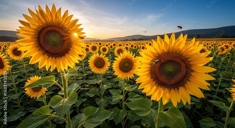 Fototapeta premium Sunflower Field at Sunset with Clear Sky and Distant Hills