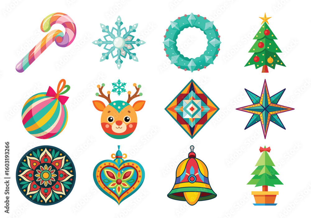 Fototapeta premium Collection of festive christmas ornaments and decorations isolated on white background