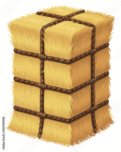 A square bale of hay tied with rope