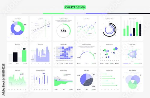 Vector set of 18 modern charts and diagrams: bar, pie, donut, radar, bubble, area, lollipop, and more. Perfect for dashboards, reports, presentations, and UX/UI projects.