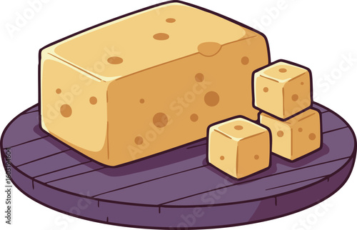 Cheese block and cubes on round wooden board vector illustration natural food dairy snack