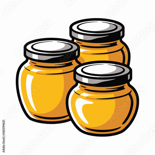 Three jars of golden honey with silver lids