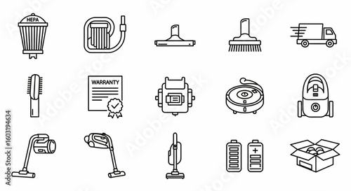 Vacuum Cleaner Line Icons Set – HEPA Filter, Robot, Upright, Handheld, Motor, Hose, Brush, Rechargeable, Warranty

