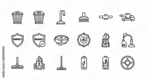 Vacuum Cleaner Line Icons Set – HEPA Filter, Robot, Upright, Handheld, Motor, Hose, Brush, Rechargeable, Warranty


