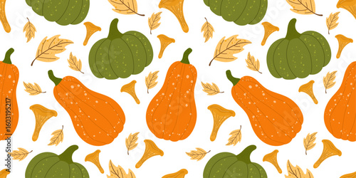 Autumn seamless pattern with pumpkins, chanterelle mushrooms, and fall leaves on white background — cozy orange and green gourds, yellow forest mushrooms, and hand-drawn autumn foliage. 