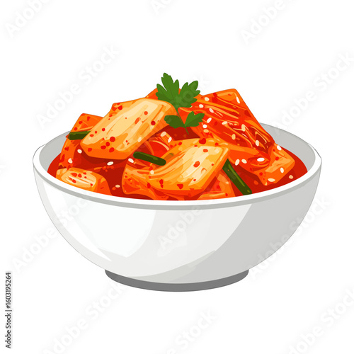 Spicy Kimchi In White Bowl Illustration