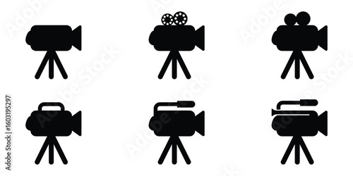 Six Black Silhouette Film Camera Icons on White Background: Professional Video Production Graphic Design Elements.