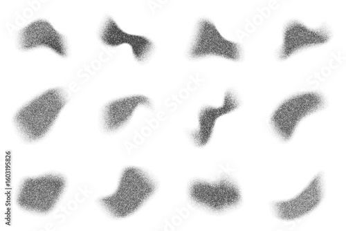 Grainy gradient shapes with pattern of noisy sand elements. Abstract stipple splashes on white background. Vector fluid shadows with dotted texture. Charcoal liquid stains.