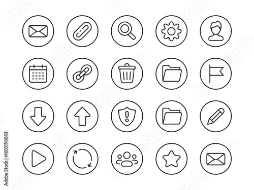 Collection of black outline icons in circles on white background 1