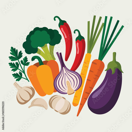 Assortment of fresh vegetables and herbs for healthy eating