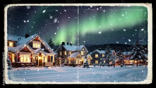 Magical Christmas night scene with snowy homes, aurora borealis, and gentle snowfall animation