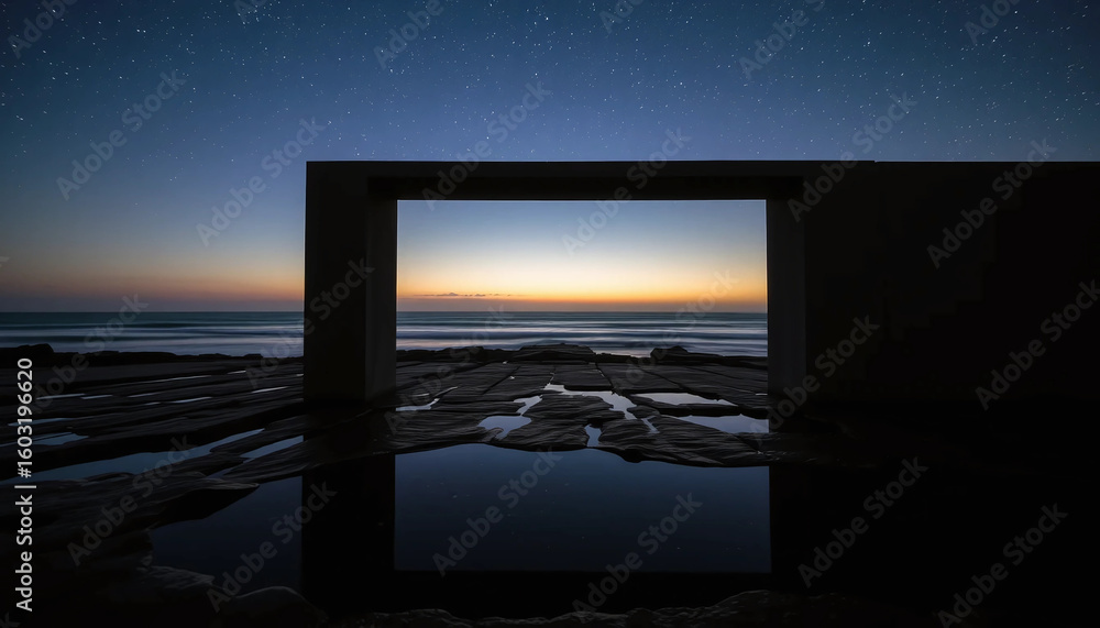 The horizon fades behind a long slab of concrete framing the ocean, where stars reflect faintly in tidal pools below.
The horizon fades behind a long slab of concrete framing the ocean, where stars reflect faintly in tidal pools below.