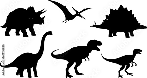 Vector art of collection of dinosaur silhouettes including trex triceratops stegosaurus