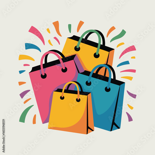Colorful shopping bags with festive confetti burst