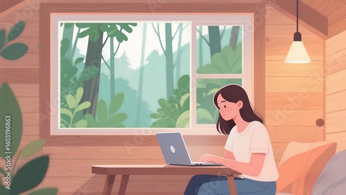 Freelancer Woman Working Remotely in Forest Cabin – Modern Minimal Art