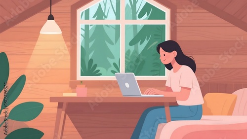 Freelancer Woman Working Remotely in Forest Cabin – Modern Minimal Art