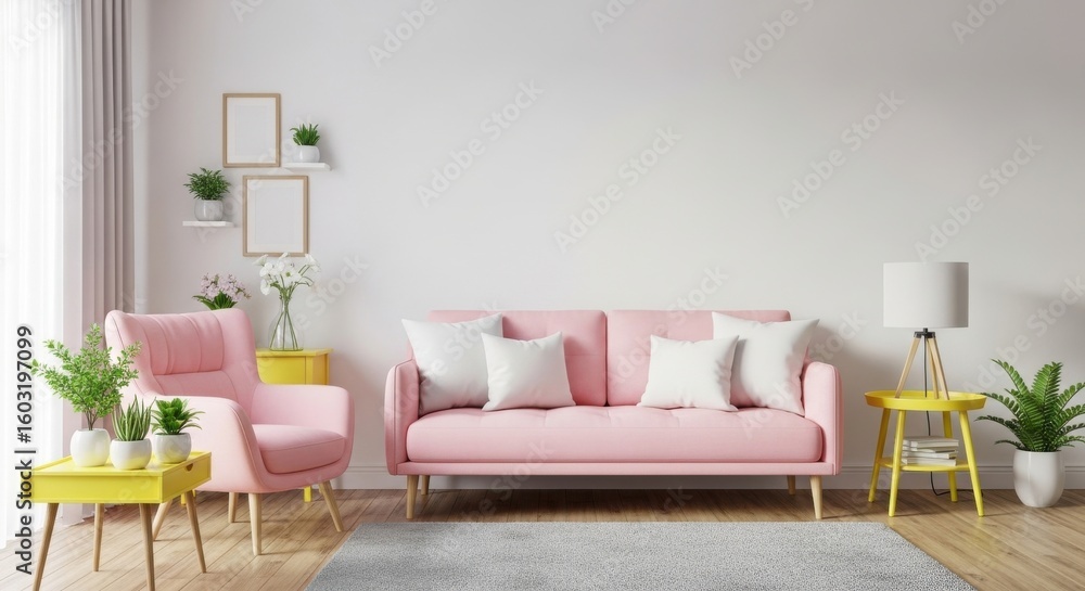 Fototapeta premium Modern living room with pink sofa and accent chair